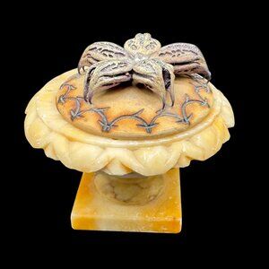 Vintage Italian Alabaster Small Pedestal Bowl with Wood Lid *read*